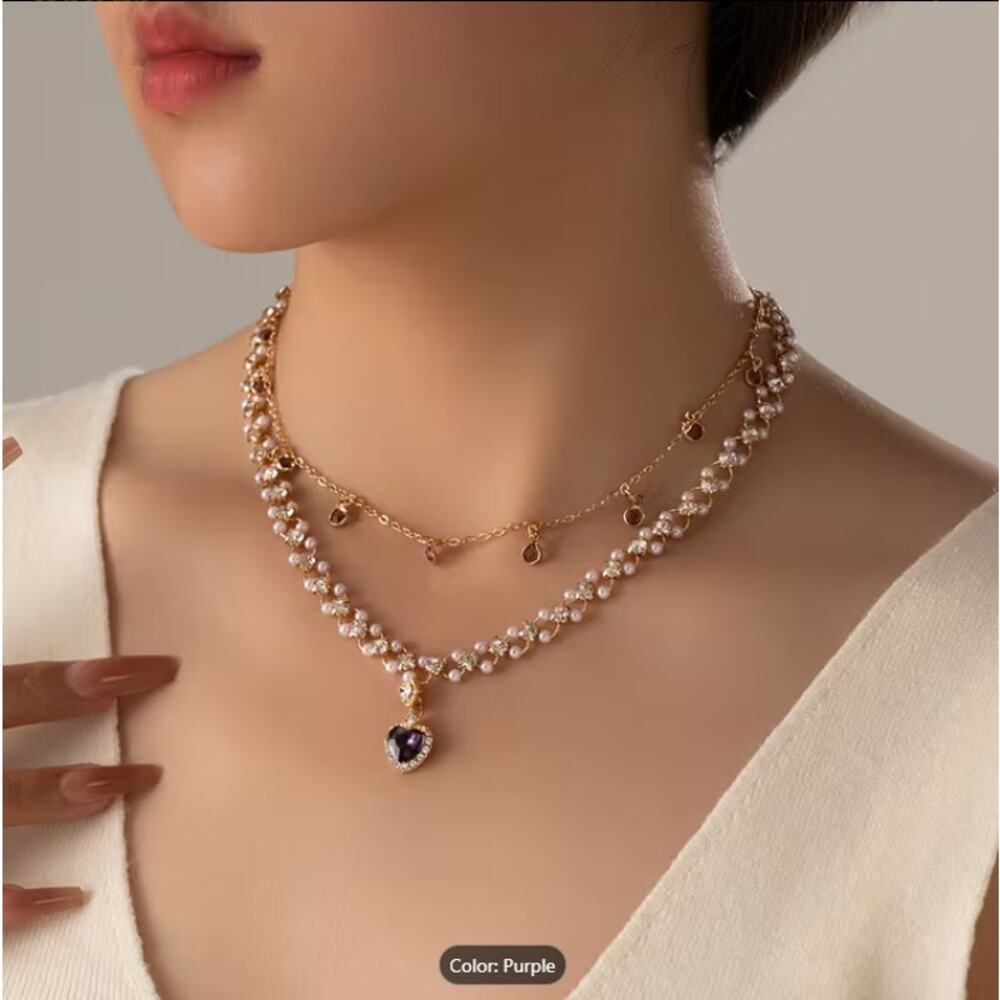 Elegant Double Layer Pearl Heart Pendant Necklace– Crystal Rhinestone Purple